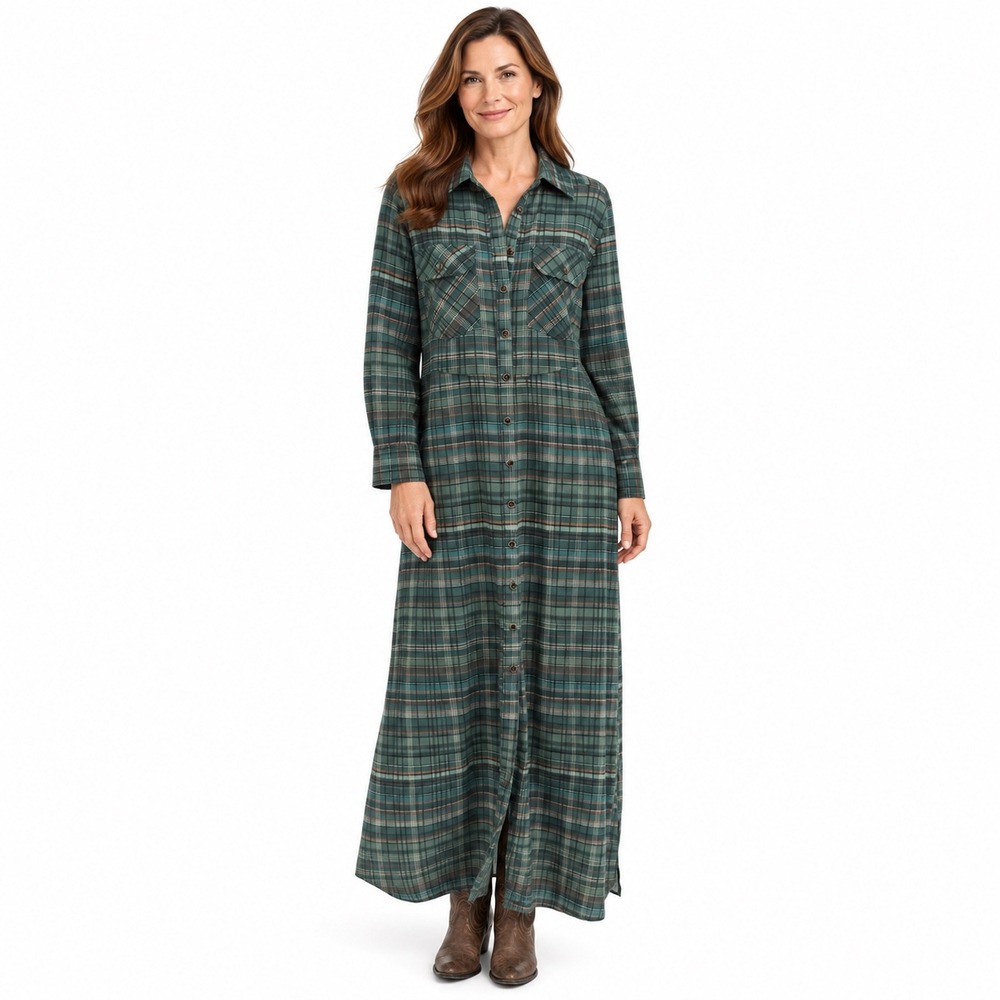 Modesees Green Plaid Maxi Shirt Dress Long Sleeve Button Down Size L NWT